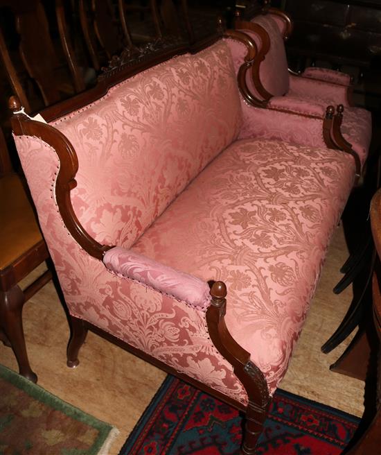 Early 20th century mahogany framed two seat sofa & matching armchair(-)